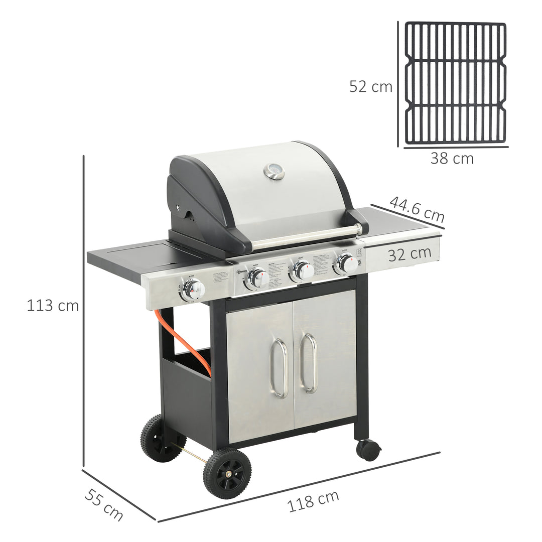 Gas Barbecue Grill 3+1 Burner Garden Smoker BBQ Trolley w/ Side Burner Warming Rack Side Shelves Storage Cabinet Piezo Ignition Thermometer Stainless Steel + Metal