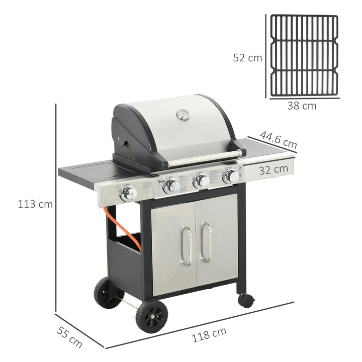 Gas Barbecue Grill 3+1 Burner Garden Smoker BBQ Trolley w/ Side Burner Warming Rack Side Shelves Storage Cabinet Piezo Ignition Thermometer Stainless Steel + Metal