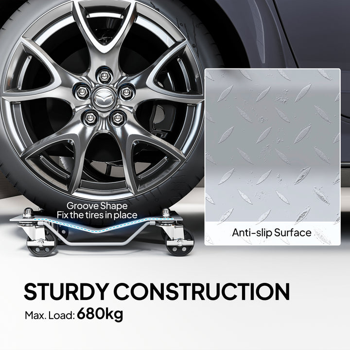 MCL Two-Piece Car Wheel Dolly with Swivel Casters, Non-Slip Metal Plates, 680kg Capacity, Grey