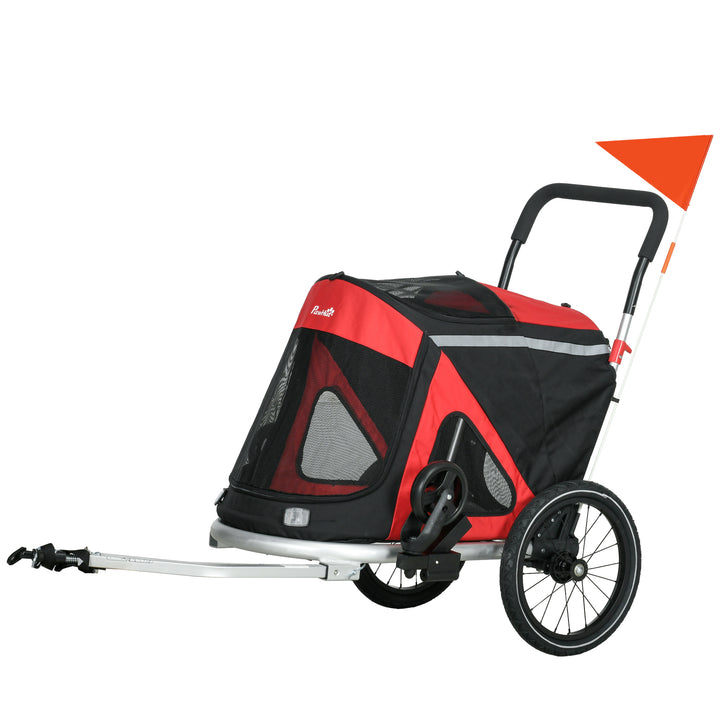 PawHut Aluminium 2-in-1 Foldable Dog Bike Trailer & Pet Stroller for Medium Dogs, Portable with Safety Flag, Red | Aosom UK