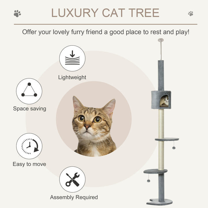 PawHut Multi-Level Cat Tree, Kitten Activity Tower, Condo, Indoor Play House with Scratching Post, Hanging Balls, Light Grey | Aosom UK