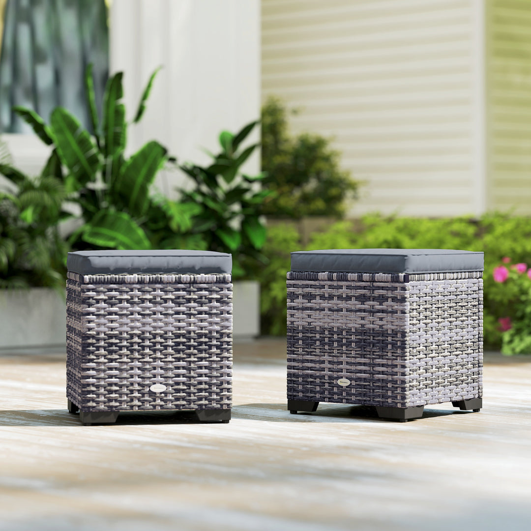 Set of 2 Rattan Storage Ottoman, Outdoor Footstool with Removable Cushions, Garden Storage Seat for Balcony, Poolside, Living Room, Dark Grey