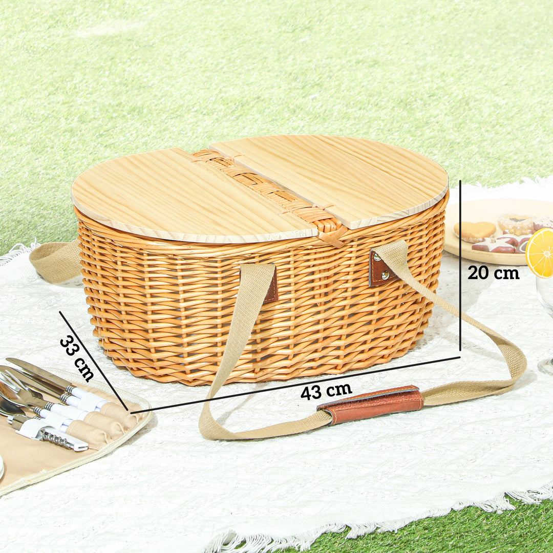 Wicker Picnic Basket for 2 with Pine Wood Lid, Picnic Hamper with Cooler Compartment, Cutlery Service Kits, Carry Handle for Camping, Outdoor, Valentine Day, Chirtmas, Birthday, Light Brown