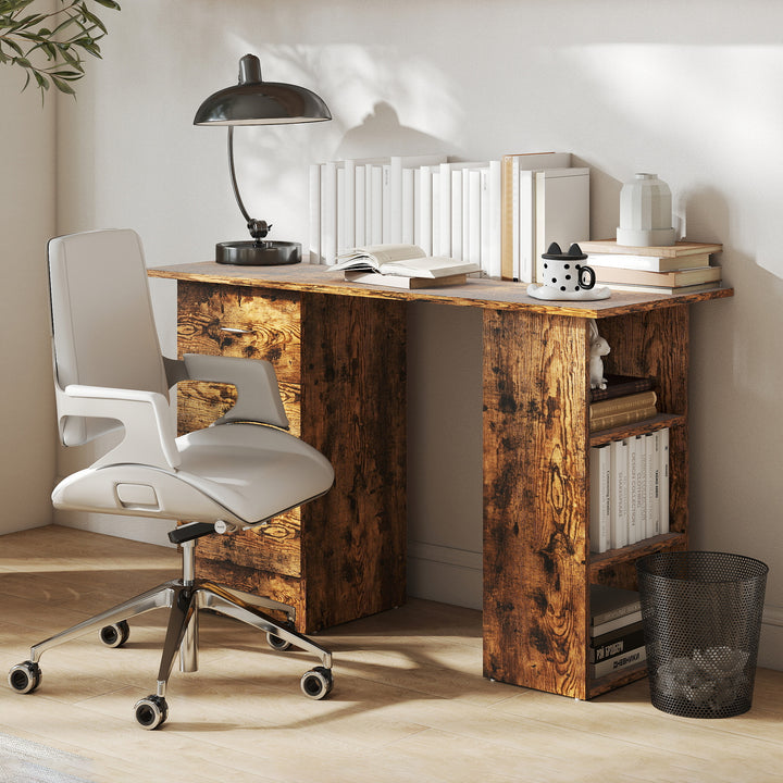 Computer Desk, Writing Table, PC Workstation with 3 Storage Shelves and Drawers, Silver Handle, for Home Office, Rustic Brown