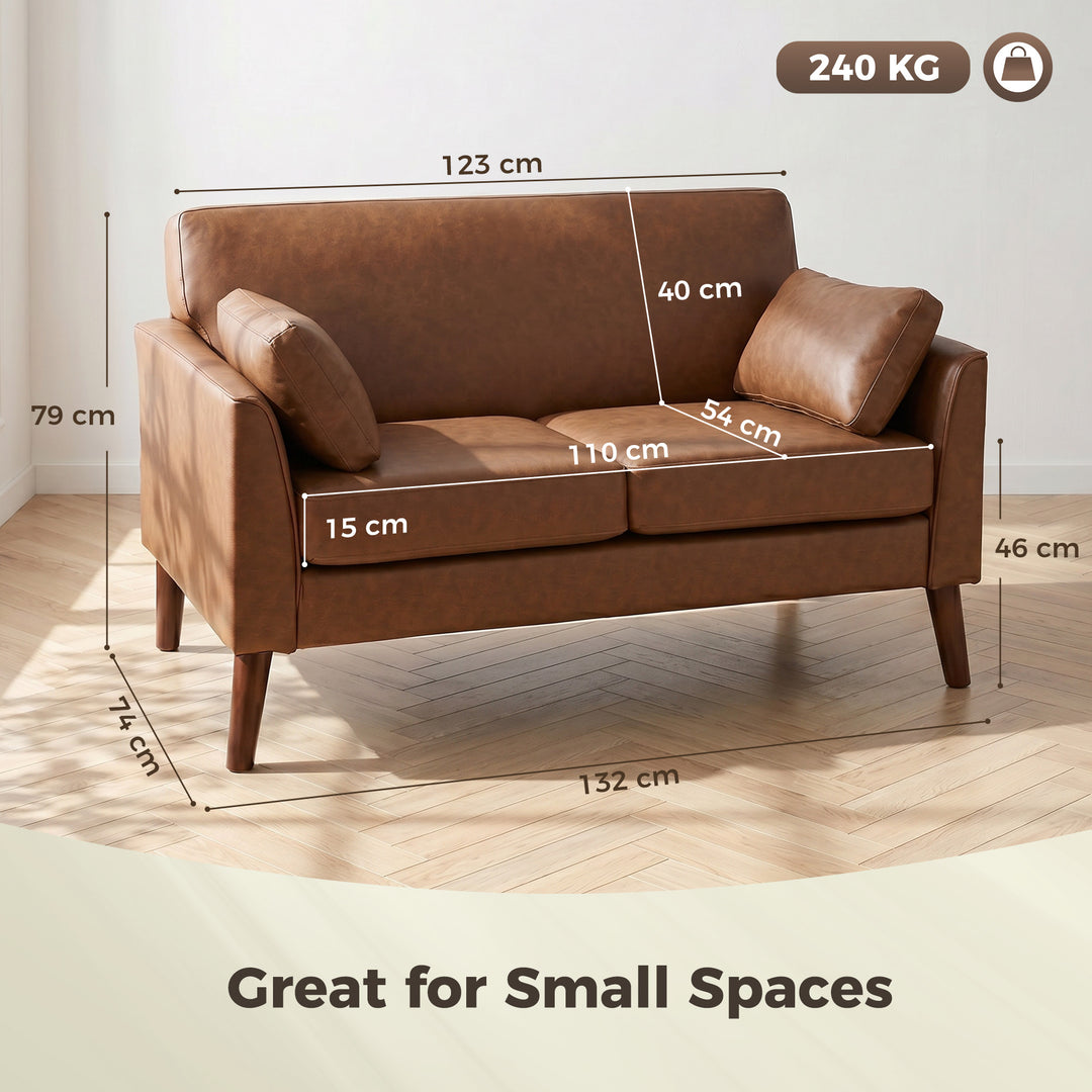 2 Seater Sofa, 132 cm Modern Small Sofa with Solid Wood Legs and 2 Pil