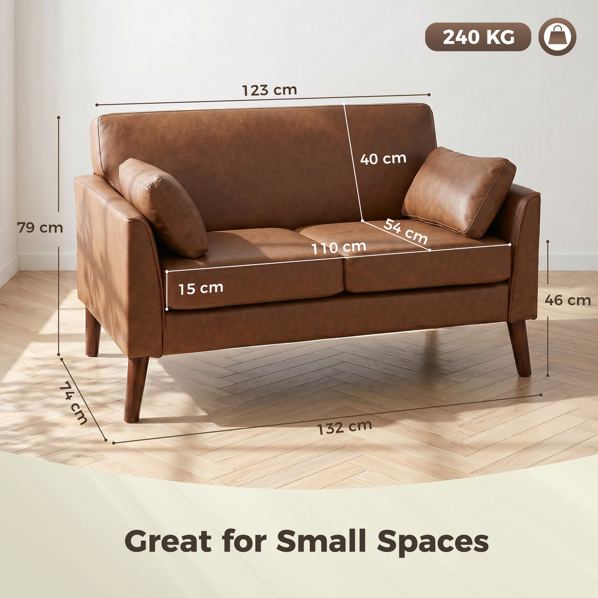 2 Seater Sofa, 132 cm Modern Small Sofa with Solid Wood Legs and 2 Pil
