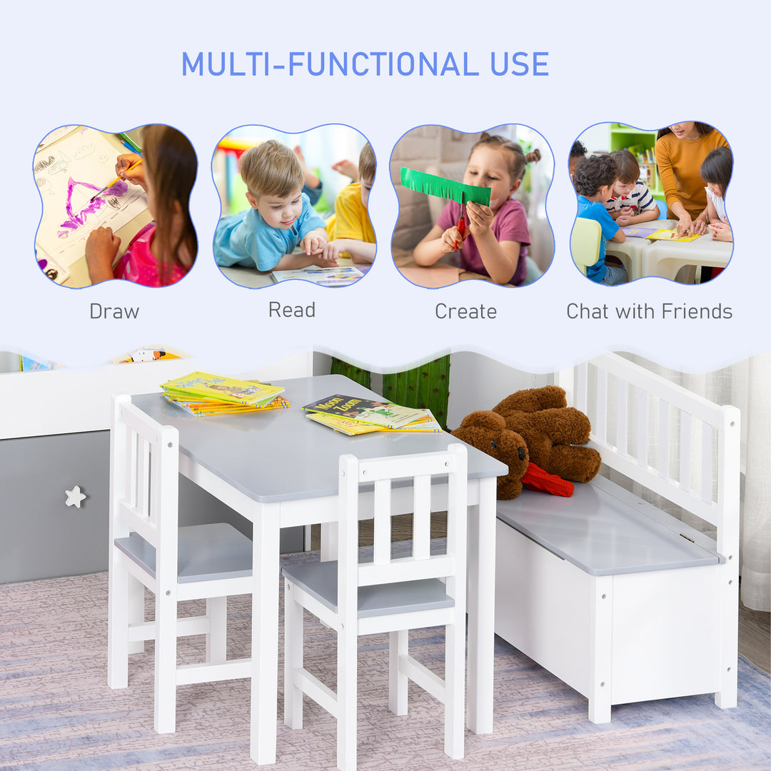 4-Piece Kids Table and Chair Set with 2 Wooden Chairs, 1 Storage Bench, and Interesting Modern Design, Grey/White