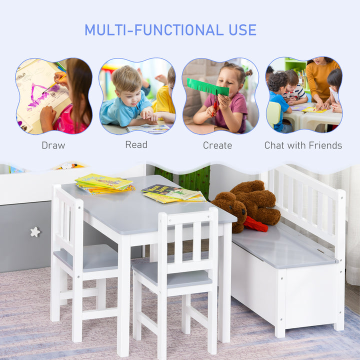 4-Piece Kids Table and Chair Set with 2 Wooden Chairs, 1 Storage Bench, and Interesting Modern Design, Grey/White