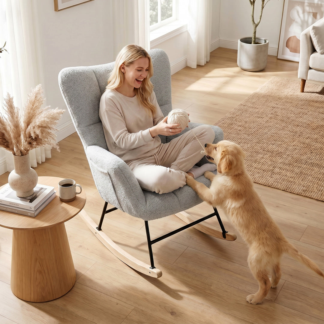 Rocking Chair, Teddy Fleece Rocker Chair with Tufted Wingback, Side Po