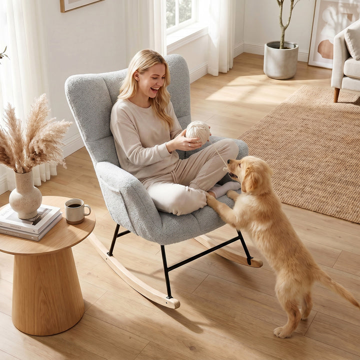 Rocking Chair, Teddy Fleece Rocker Chair with Tufted Wingback, Side Po