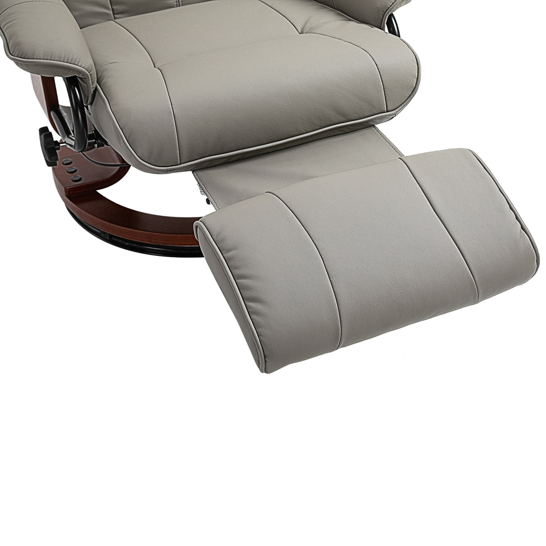 360° Swivel Recliner Chair with Footstool, Manual Recliner Armchair with Wooden Base, Faux Leather Upholstered Reclining Chair for Living Room, Bedroom, Office, Grey