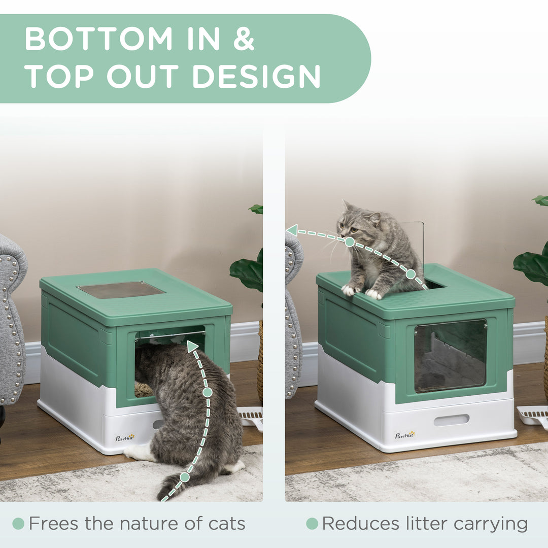 PawHut Enclosed Cat Litter Box with Scoop, Front Entry & Top Exit, Spacious Portable Pet Toilet, 47.5 x 35.5 x 36.7 cm, Green | Aosom UK