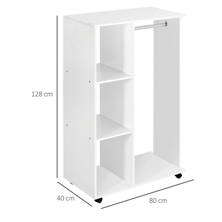 MCL Open Wardrobe on Wheels, Bedroom Wardrobe with Clothes Hanging Rail, 3 Storage Shelves, Mobile Garment Rack for Cloakroom, Hallway, White