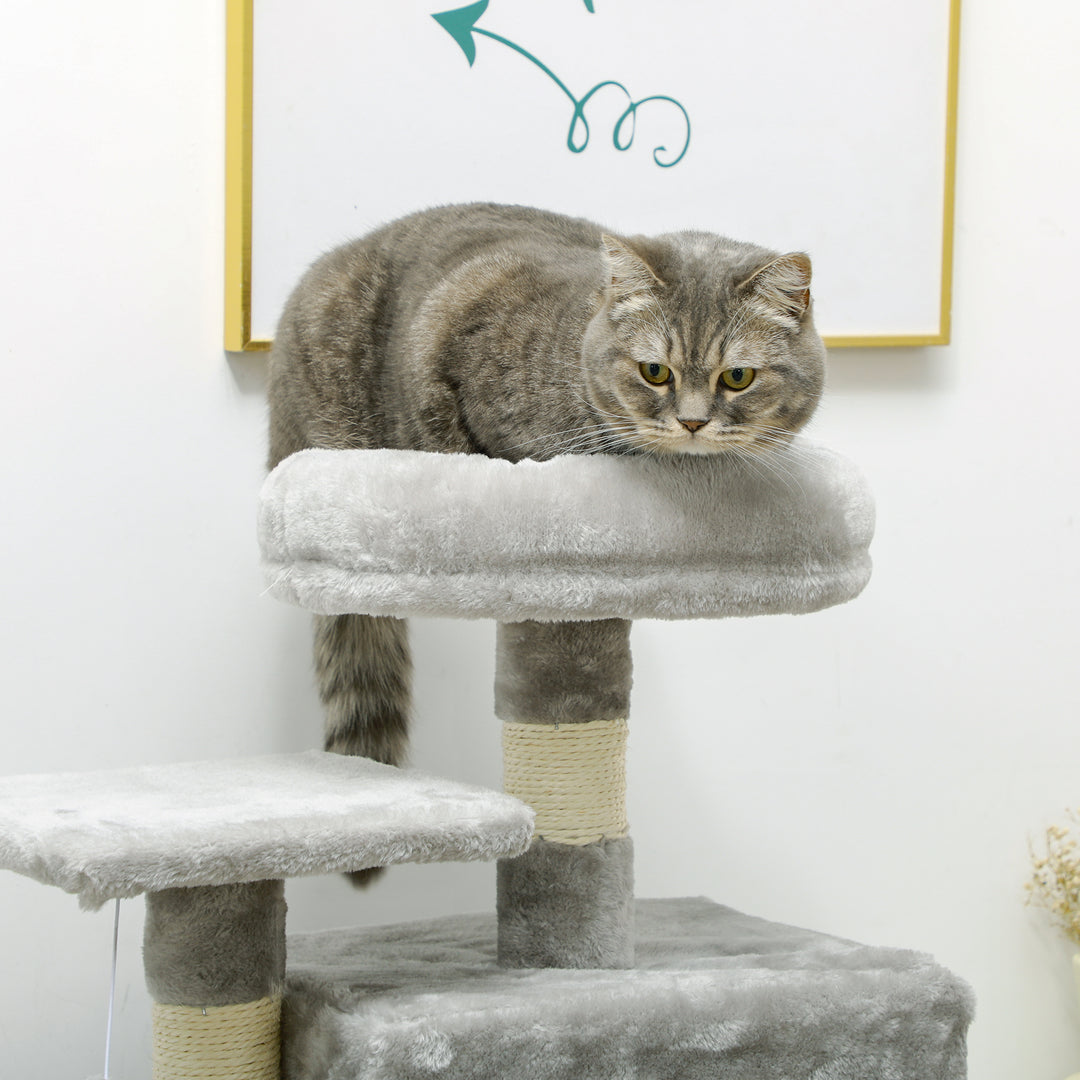 132cm Cat Tree with Scratching Post, House, Hammock, Toy Balls - Grey