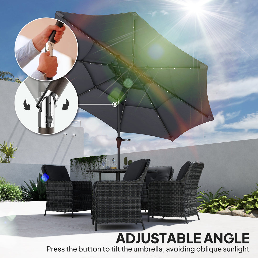 3-Tier Garden Parasol with Solar LED Lights, UPF 30+, Tilt Mechanism & Crank Handle, for Market Terrace, Dark Grey