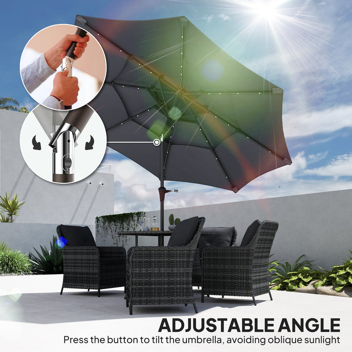3-Tier Garden Parasol with Solar LED Lights, UPF 30+, Tilt Mechanism & Crank Handle, for Market Terrace, Dark Grey