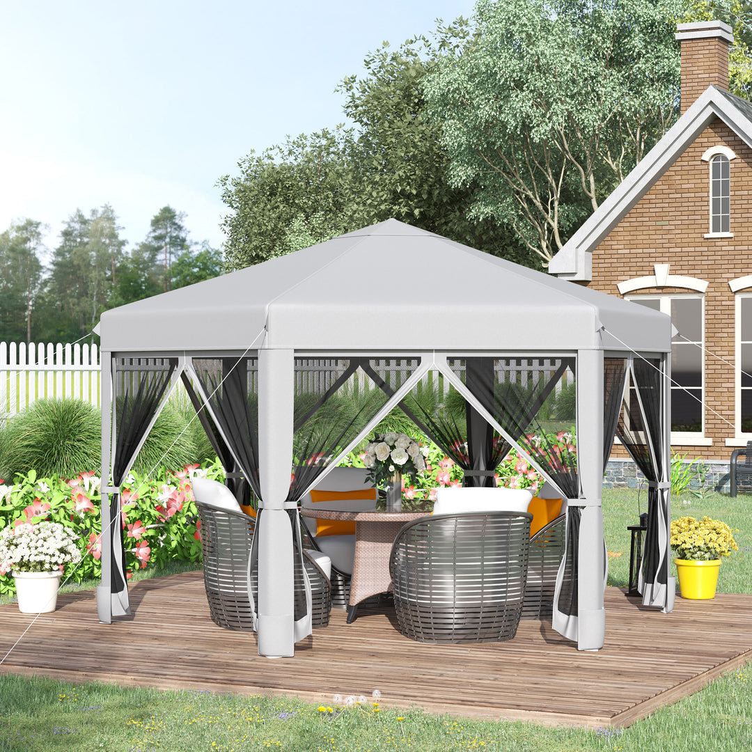 Outsunny Hexagonal Pop Up Gazebo with Mesh Sidewalls, 3.2m, Outdoor Sun Shelter, Handy Bag Included, Light Grey