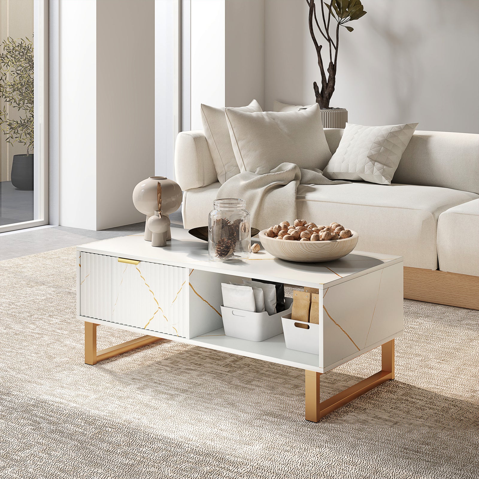 Elegant Marble Effect Storage Coffee Table - White