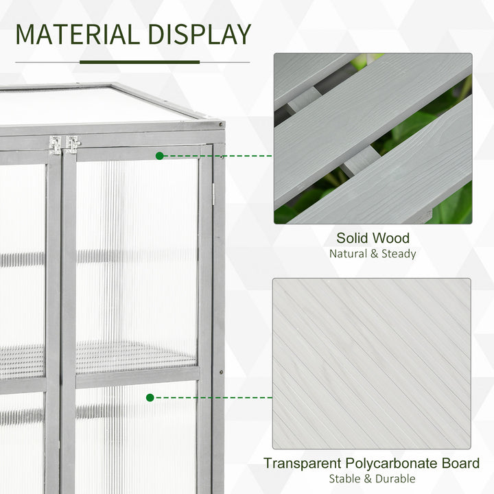 Wooden Cold Frame Greenhouse Polycarbonate Garden Grow House for Flower Vegetable Plants with Adjustable Shelf, Double Doors, 76 x 47 x 110cm, Light Grey