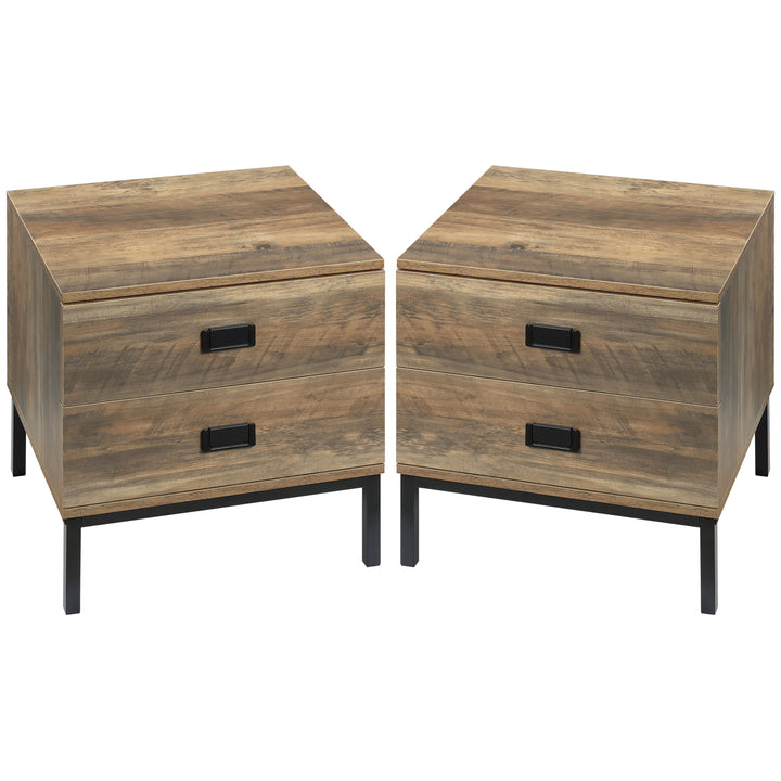 HOMCOM Retro Bedside Units: Metal Frame Side Tables with 2 Drawers, Set of 2, Coffee Tone | Aosom UK