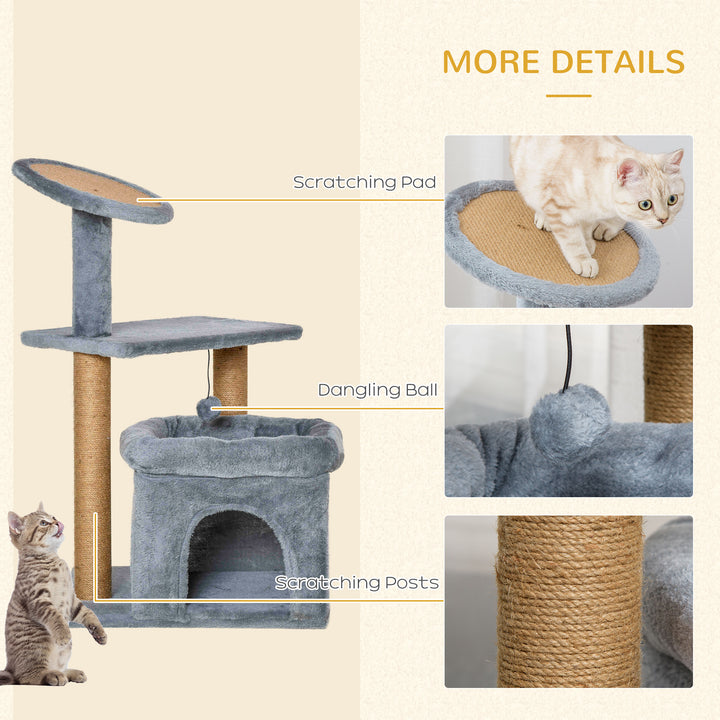 PawHut Cat Tree Tower Kitten Activity Center with Scratching Posts Pad Condo Perch Bed Interactive Ball Toy 48 x 48 x 84cm, Grey | Aosom UK