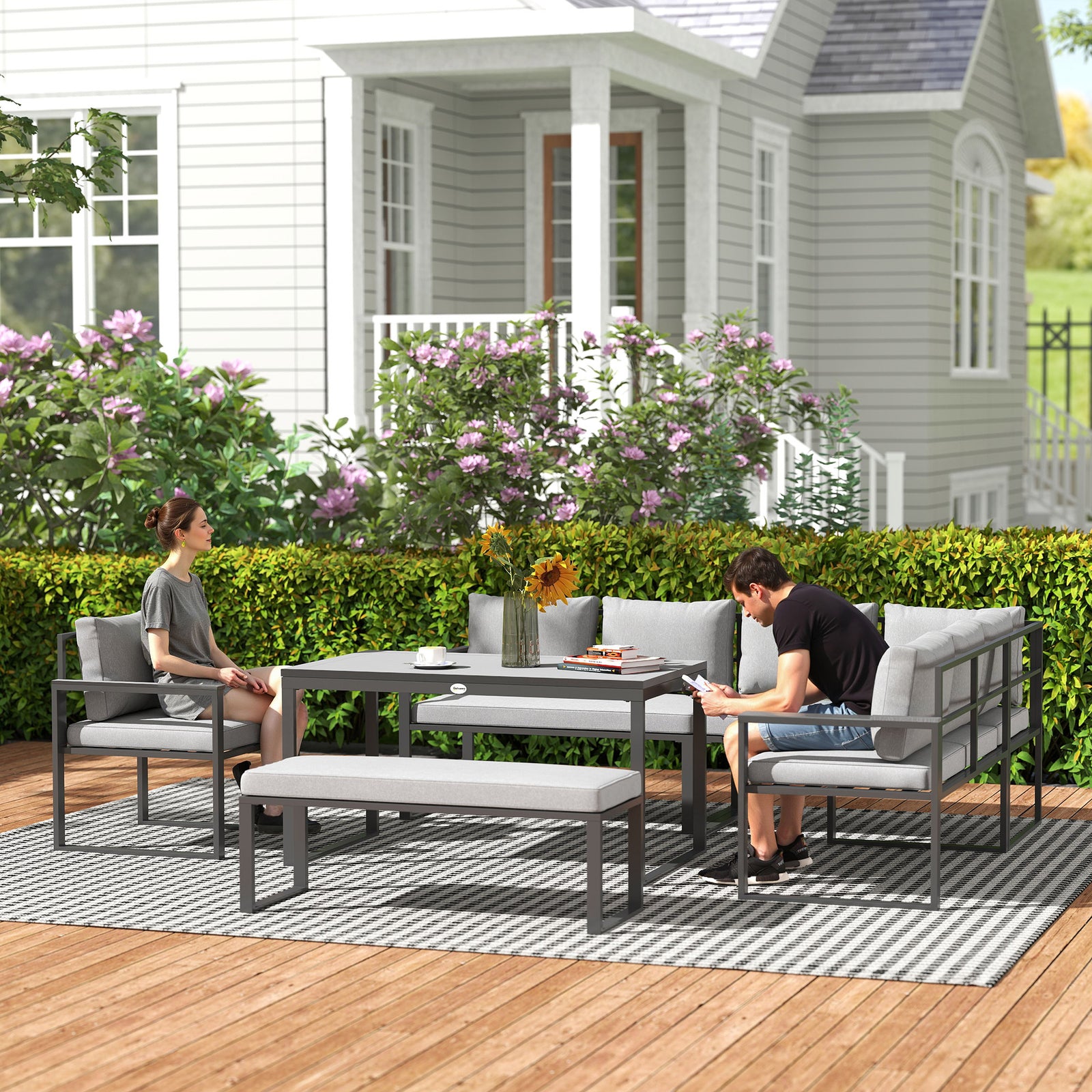 Six Piece L Shaped Garden Furniture Set with 3 Loveseats - Grey