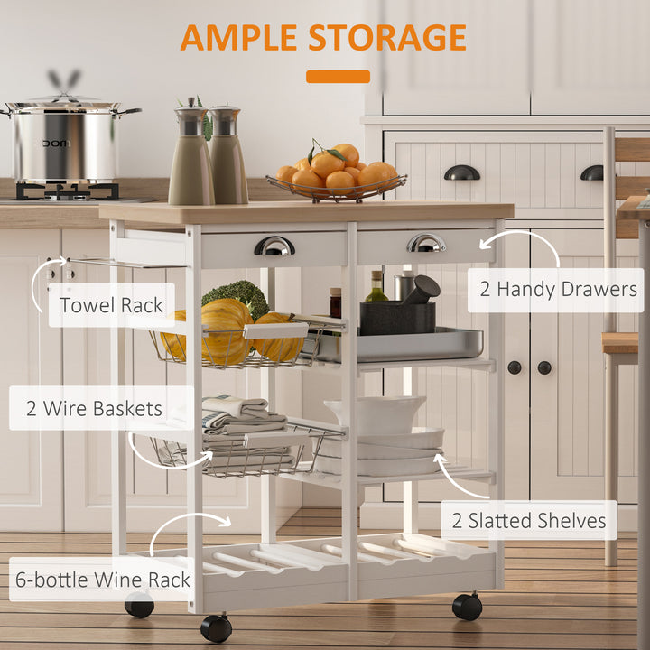 Rolling Kitchen Island Trolley Cart Drawer Shelves Basket Wheels W/ 6 Bottle Wine Rack White