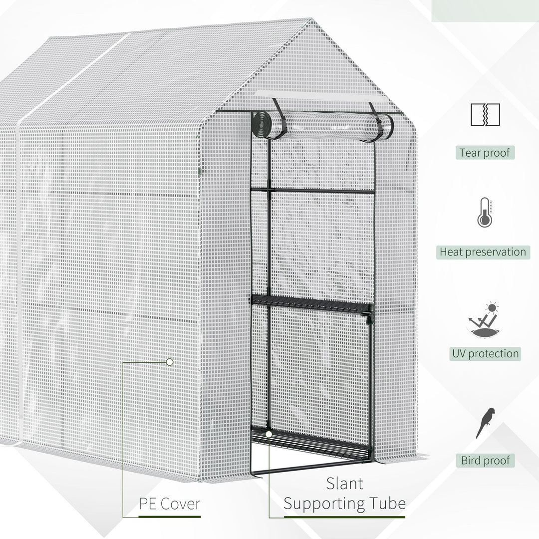 Walk In Greenhouse with 2-Tier Shelves, Roll up Zip Panel Door, Garden Polytunnel Steeple Grow House for Outdoor, 6 x 4 x 6ft White