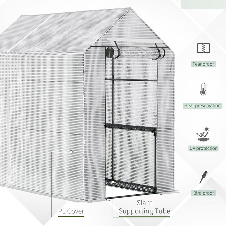 Walk In Greenhouse with 2-Tier Shelves, Roll up Zip Panel Door, Garden Polytunnel Steeple Grow House for Outdoor, 6 x 4 x 6ft White
