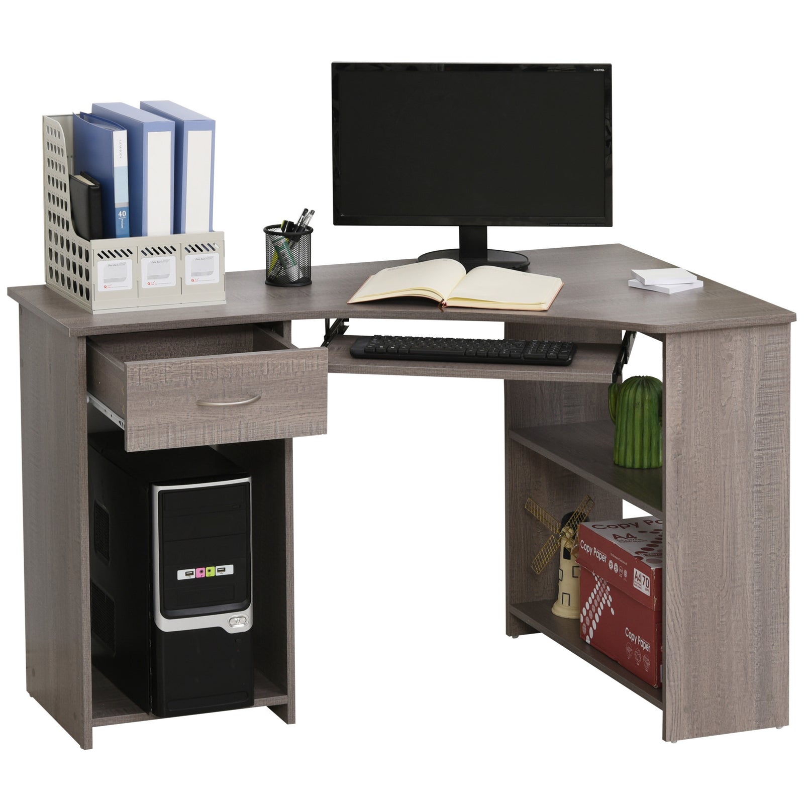 L-Shaped Corner Computer Desk w/ 2 Shelves Wide Worktop Keyboard Tray Drawer & CPU Stand Home Office Study Bedroom Furniture Grey