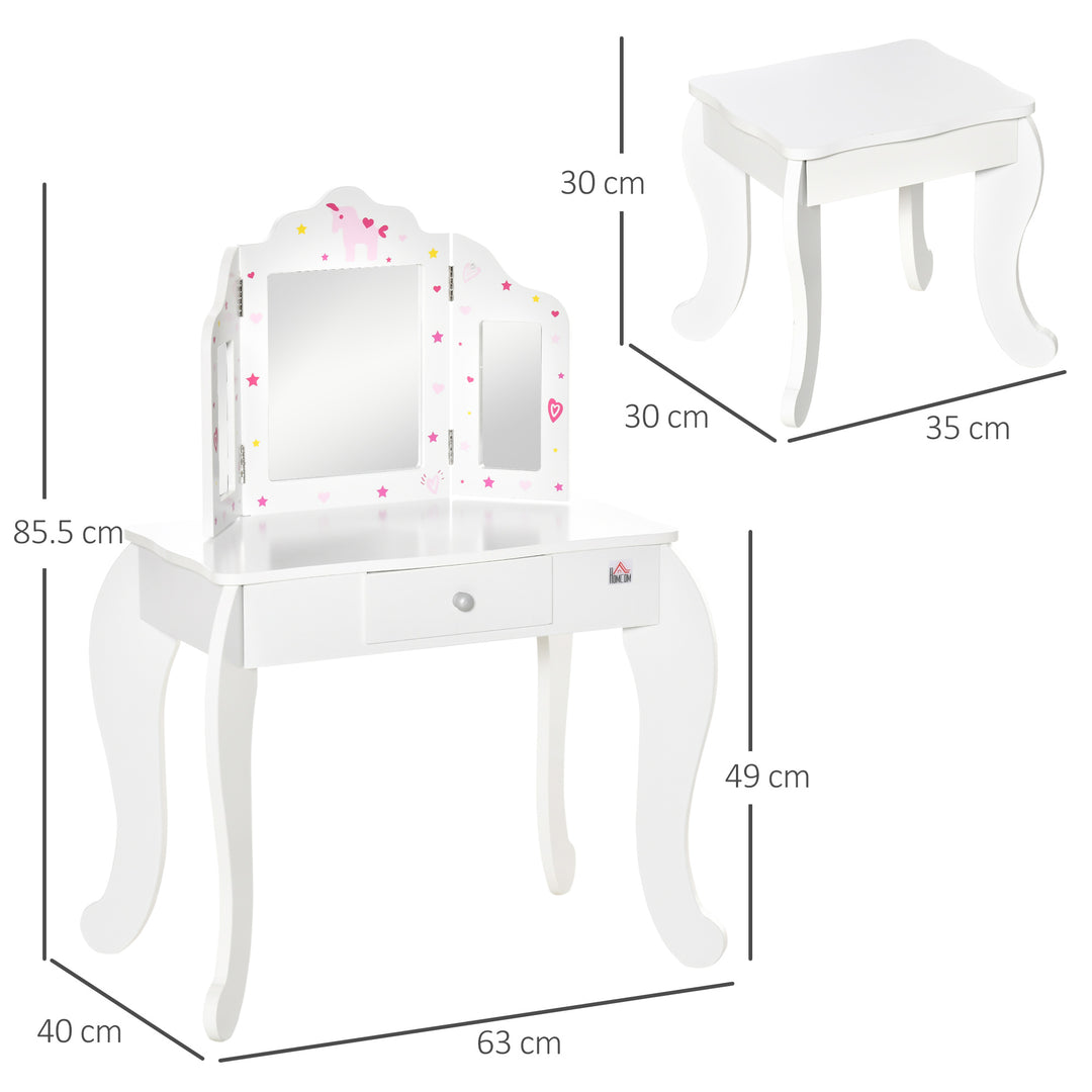 Kids Vanity Table and Chair Set with Tri-Folding Mirror and Stool, Makeup Dressing Table with Drawer, White