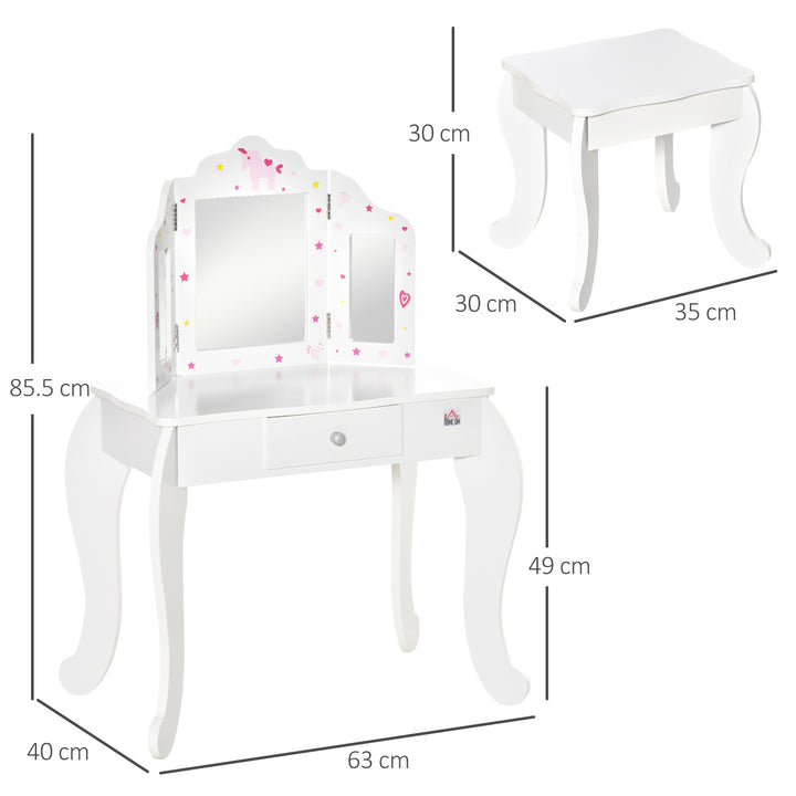 Kids Vanity Table and Chair Set with Tri-Folding Mirror and Stool, Makeup Dressing Table with Drawer, White
