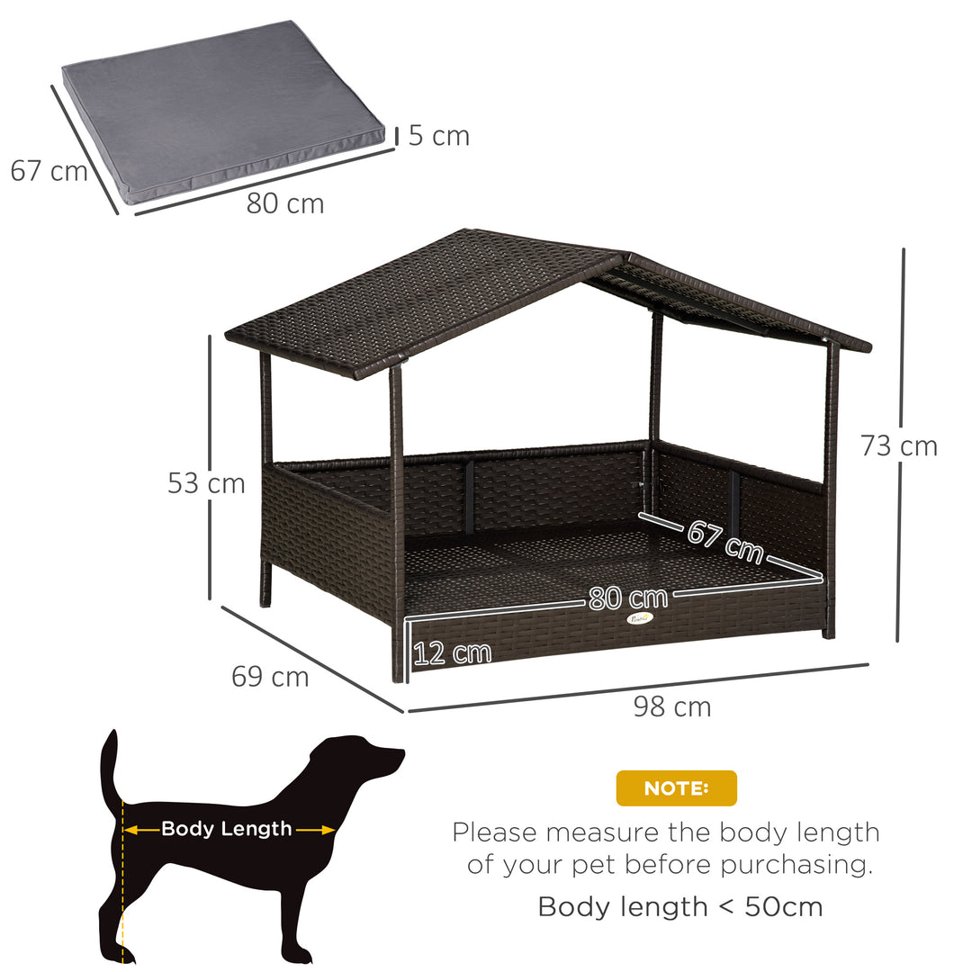 PawHut Rattan Dog House, Elevated Wicker Pet Bed Lounge with Removable Cushion and Canopy, for Small and Medium Dogs, 98 x 69 x 73cm - Grey | Aosom UK