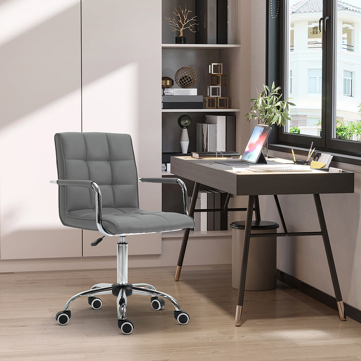 PU Leather Home Office Desk Chair, Computer Chair with Mid Back, Arm, Swivel Wheels, Adjustable Height, Grey