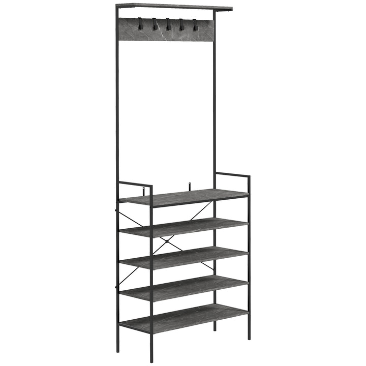 HOMCOM Coat Stand, Industrial Coat Rack w/ Shoe Storage, Free Standing Hall Tree w/ 5 Hooks, 5 Shelves, Steel Frame for Hallway, Grey Marbled