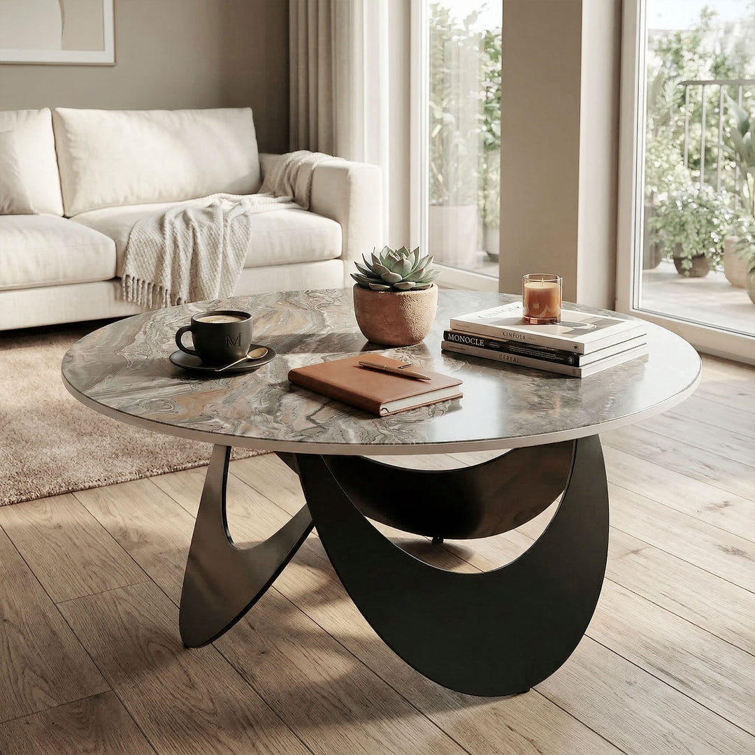 Coffee Table Sintered Stone Top Adjustable Foot Pads Modern Centre Tab