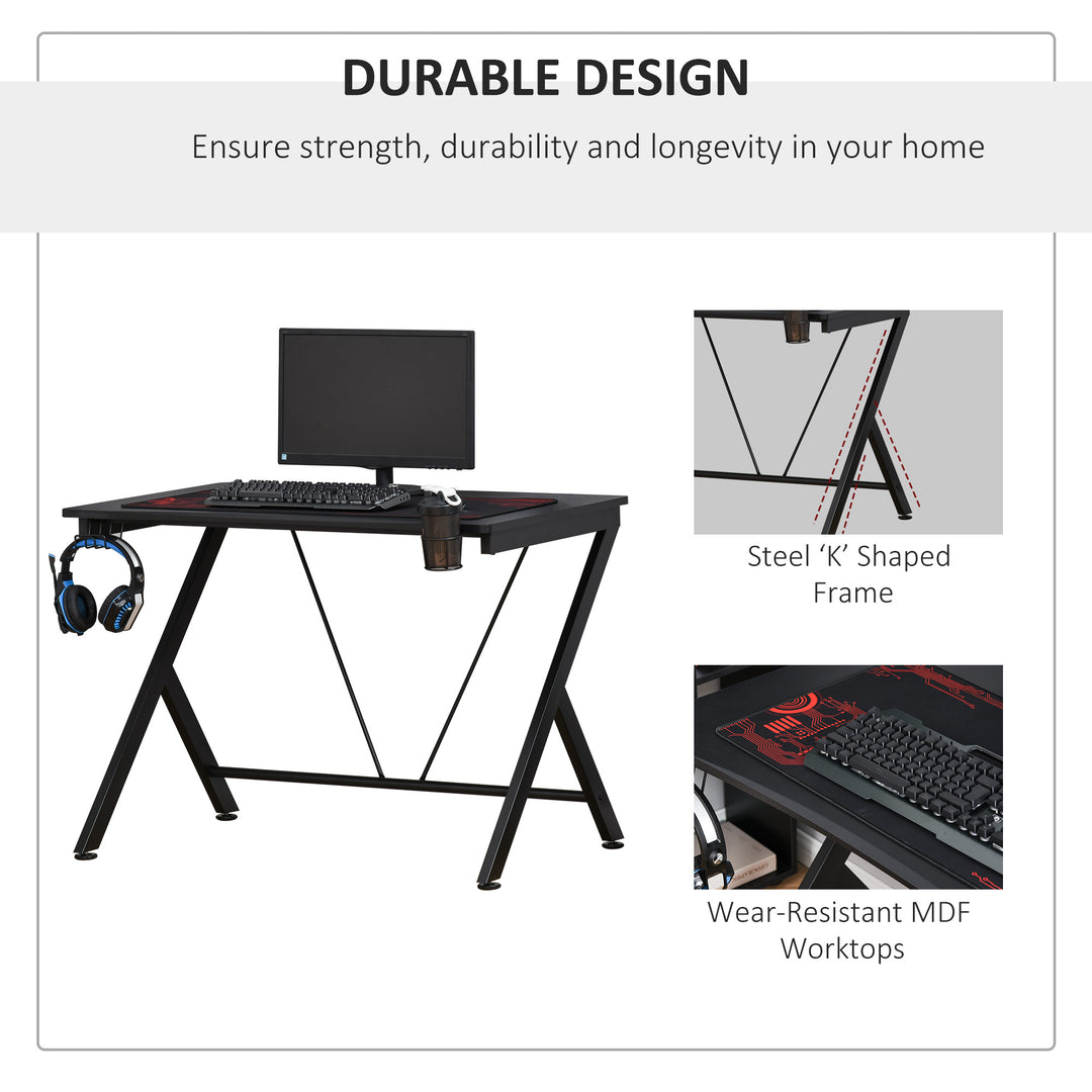 Gaming Desk 108 x 66 cm PC Computer Desk with Whole Board, A Shaped Gaming Table for Home Office with Cup Holder and Headphone Hook, Black