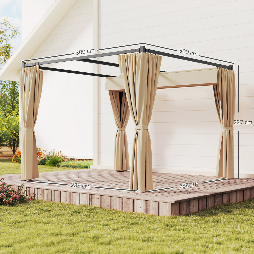 3 x 3(m) Retractable Pergola, Garden Gazebo Shelter with Curtains, for Grill, Patio, Deck, Beige