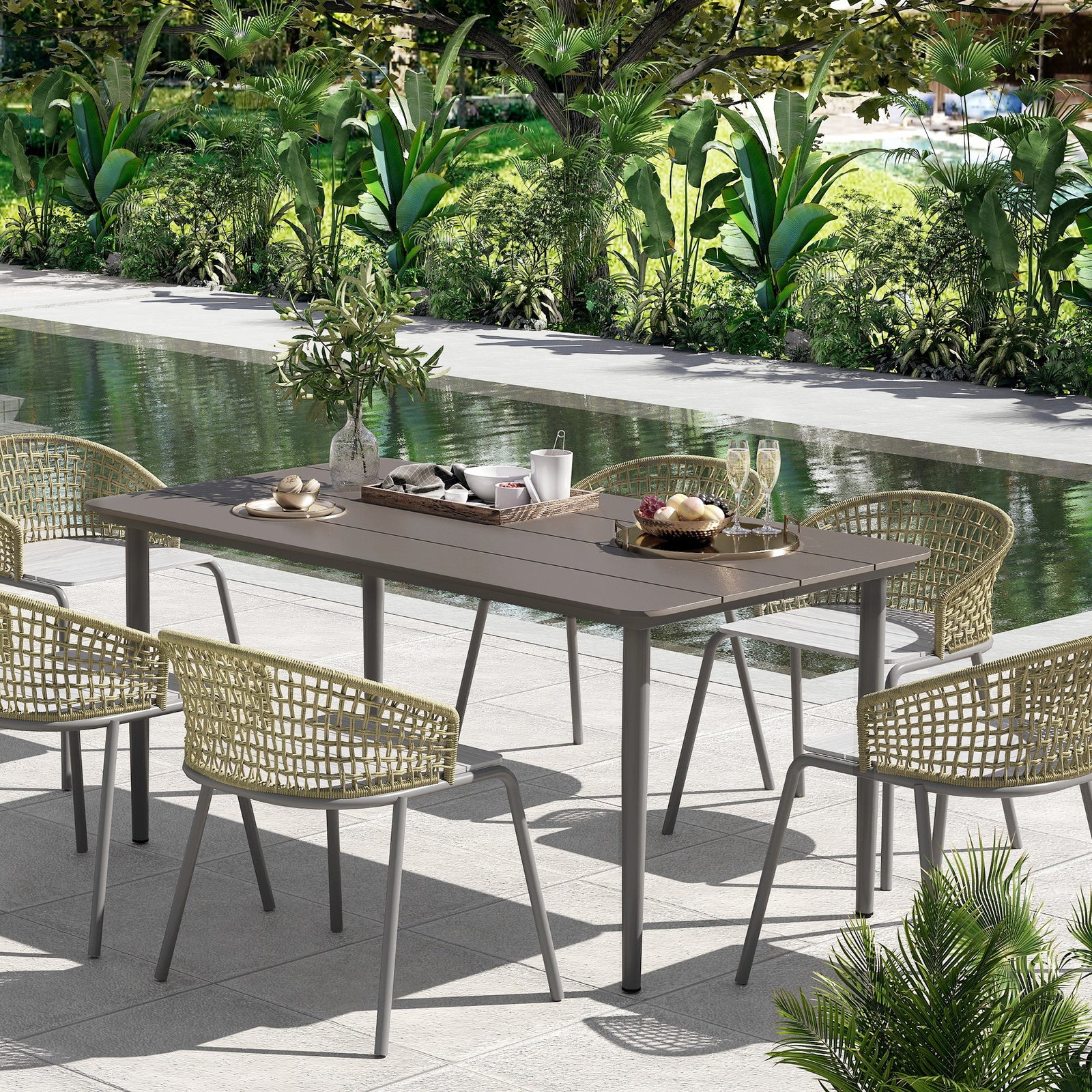 Garden Table, Outdoor Dining Table for 6 People, 160 x 90 x 74 cm, with Rust Resistant Metal Frame, WPC Top, for Balcony, Terrace, Dark Grey