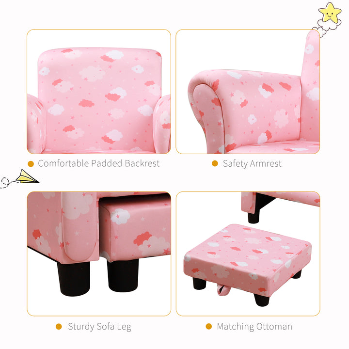 HOMCOM Kids Children Armchair Mini Sofa Wood Frame w/ Footrest Anti-Slip Legs High Back Arms Bedroom Playroom Furniture Cute Cloud Pink | Aosom UK