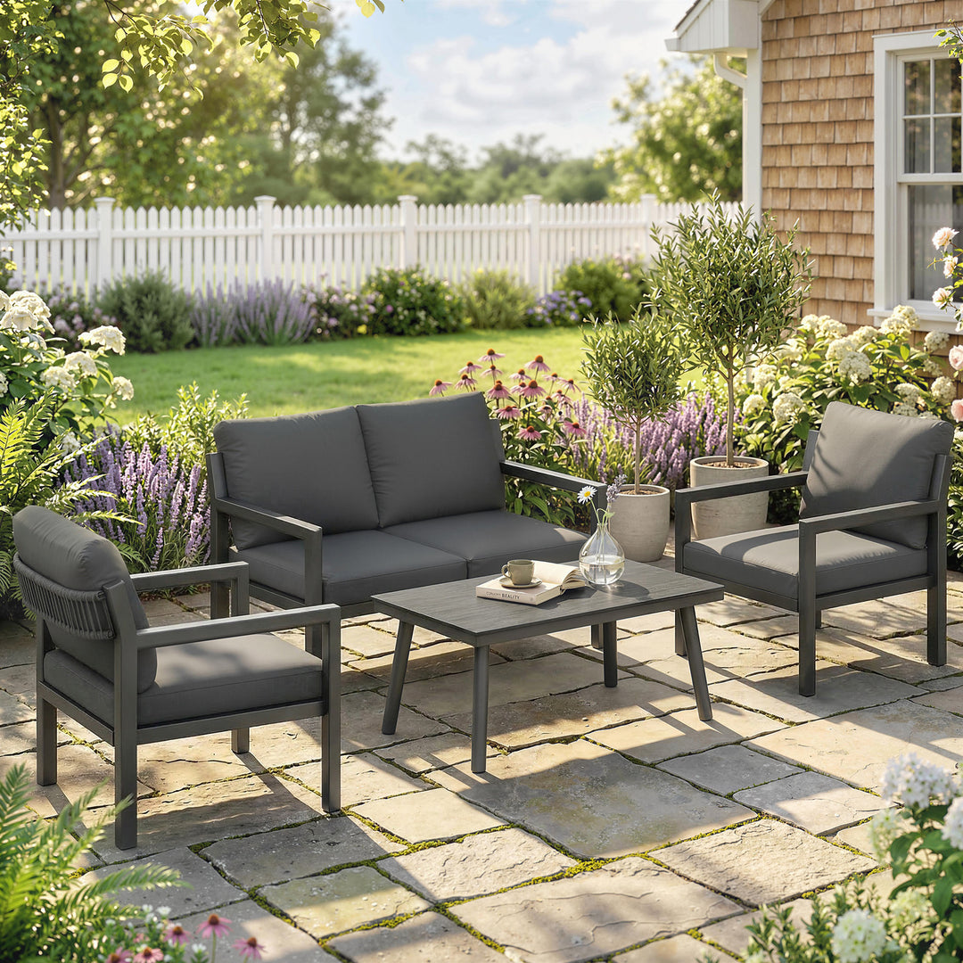 4 Seater Rattan Garden Furniture Set with 2 Armchairs, Loveseat, Coffe