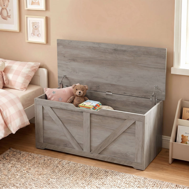 127L Home Storage Box, with Safety Hinges - Grey Wood-Effect