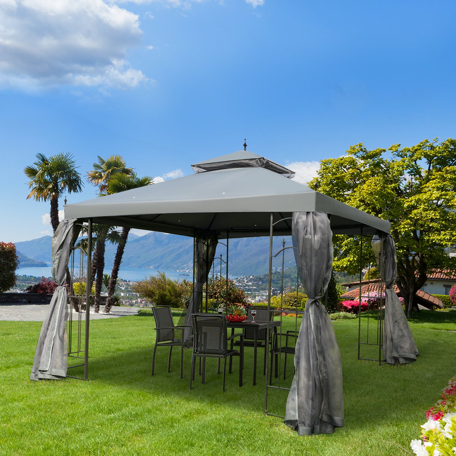 3(M)x3(M) Garden Gazebo Double Top Outdoor Canopy Patio Event Party Wedding Tent Backyard Sun Shade with Netting - Grey
