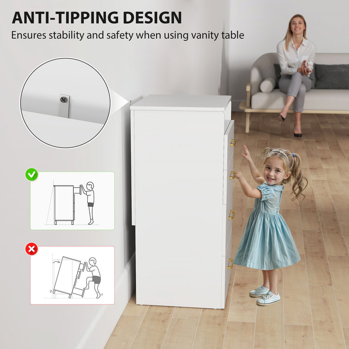 3 in 1 Dressing Table with Flip-top Mirror and Rolling Stool, Modern Vanity Desk with Visible Glass Tabletop, Drawers and Side Hook, Makeup Table with Cushioned Storage Stool for Bedroom, White