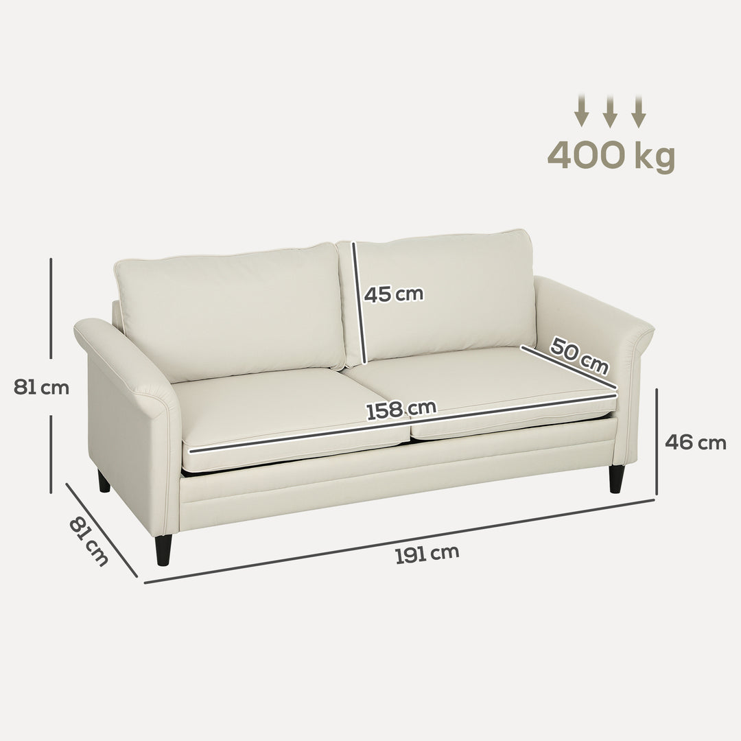 3 Seater Sofa, Modern Fabric Sofa Couch with Spring Cushion, Rubber Wood Legs, 191cm Upholstered Settee for Living Room, Bedroom, Home Office, Guest Room, Cream White