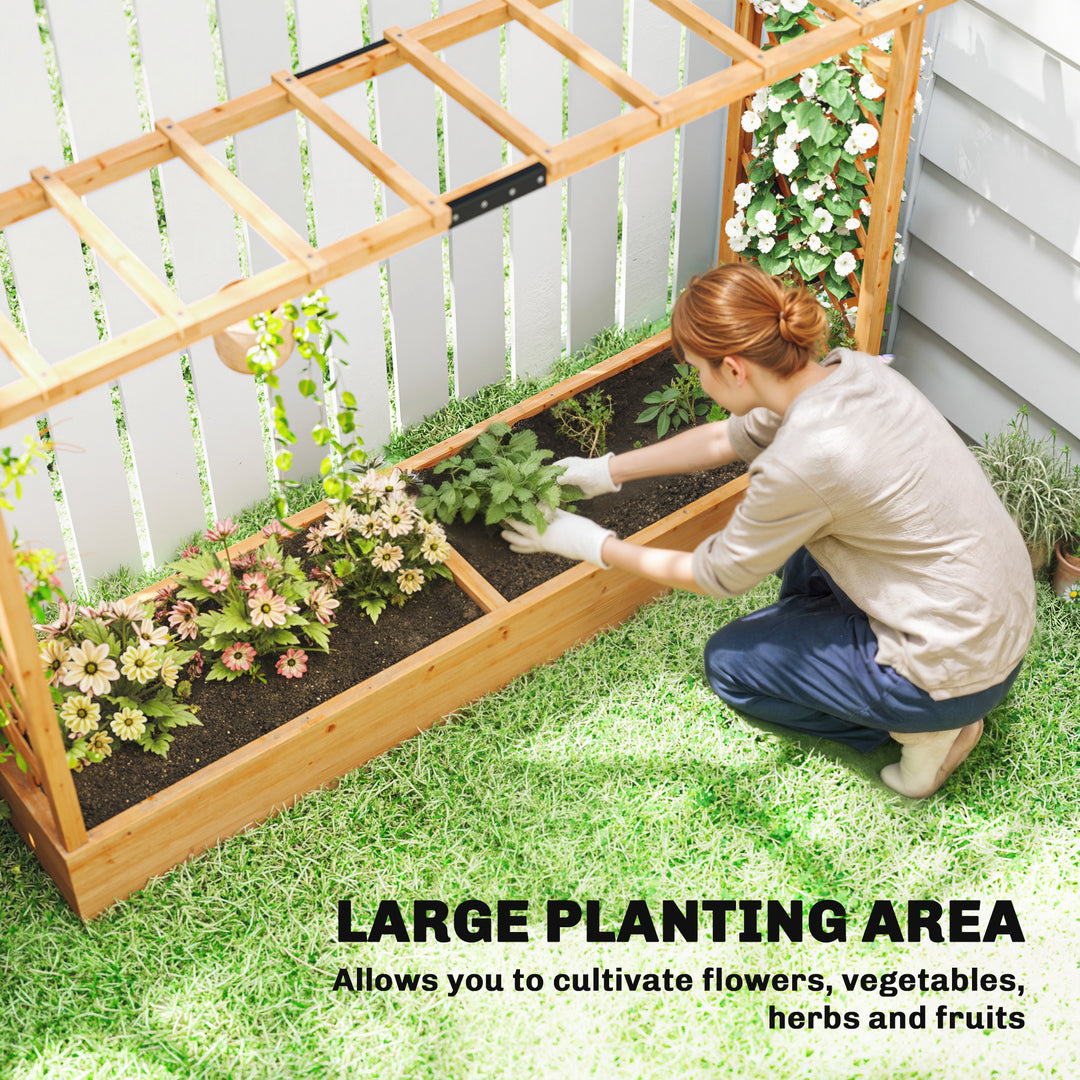 Raised Planter with Trellis, Wooden Raised Bed for Garden with Hanging Roof and Drainage Holes, Outdoor Planter Box