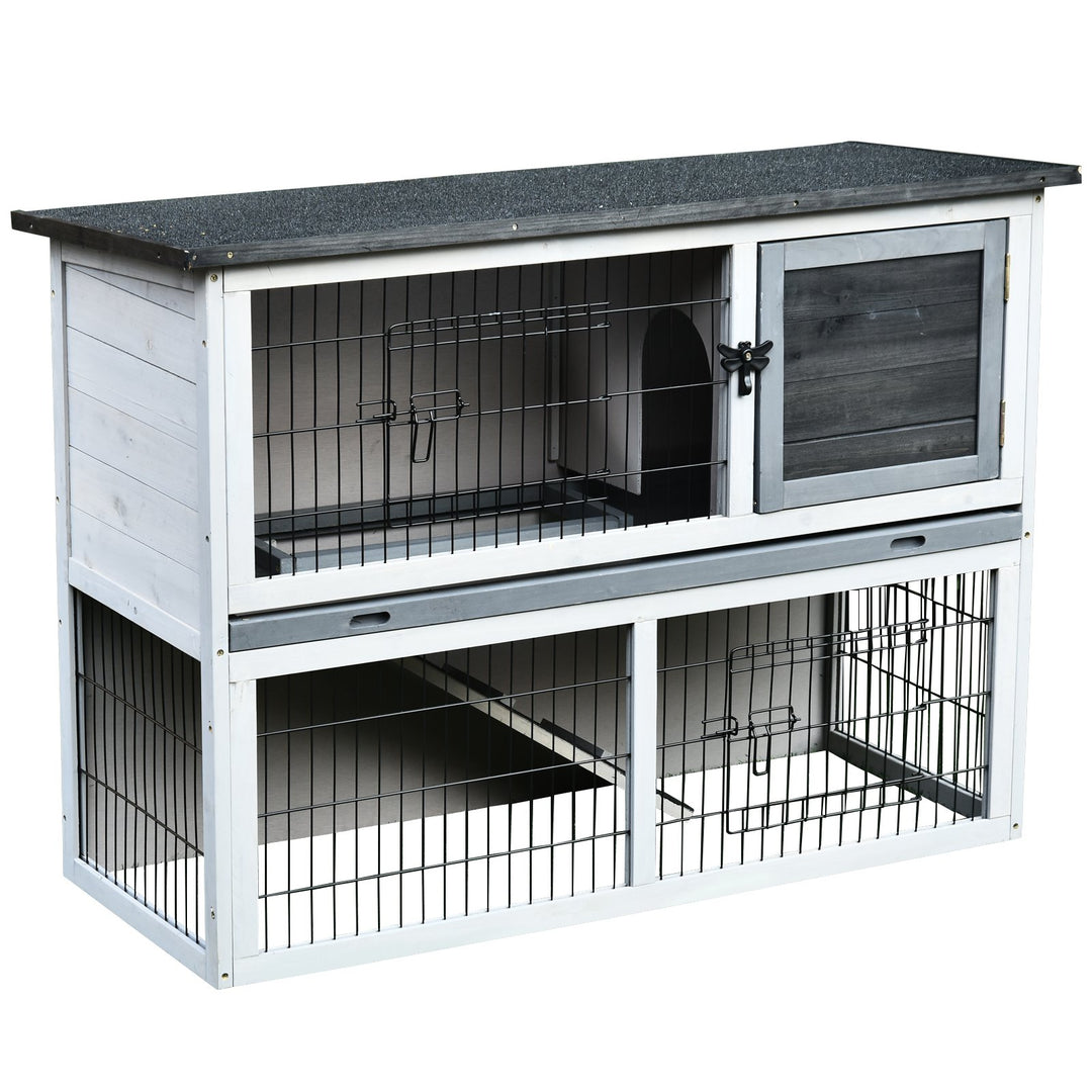 PawHut Small Animal Two-Level Fir Wood Hutch w/ Slide Out Tray Grey