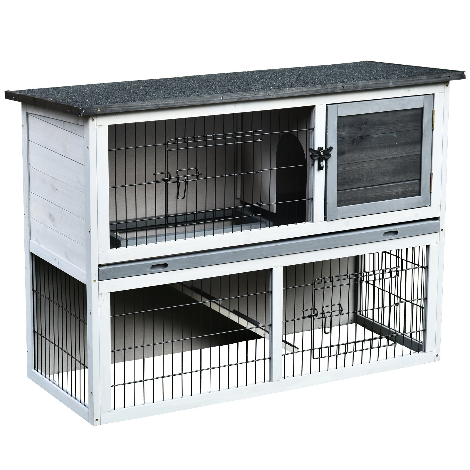 Small Animal Two-Level Fir Wood Guinea Pigs Hutches Bunny Cage w/ Slide Out Tray Grey
