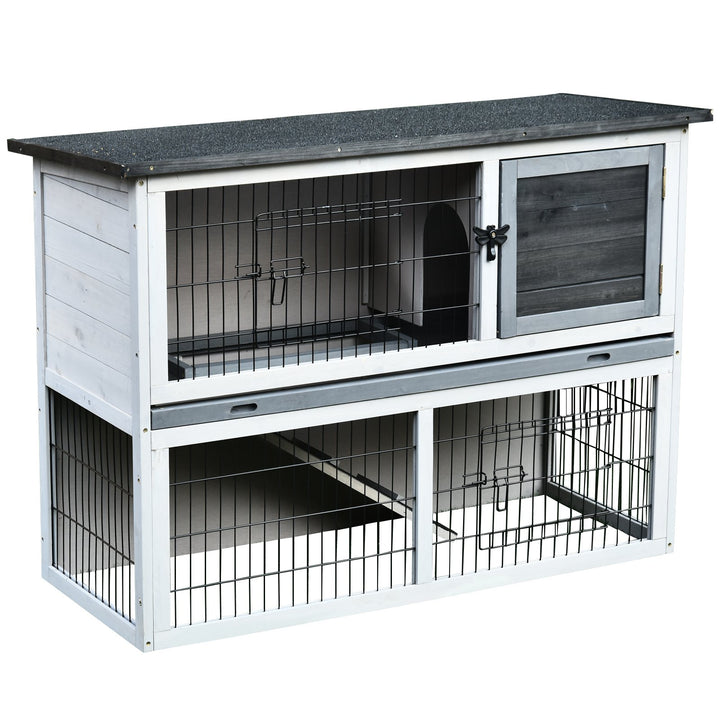 Small Animal Two-Level Fir Wood Guinea Pigs Hutches Bunny Cage w/ Slide Out Tray Grey