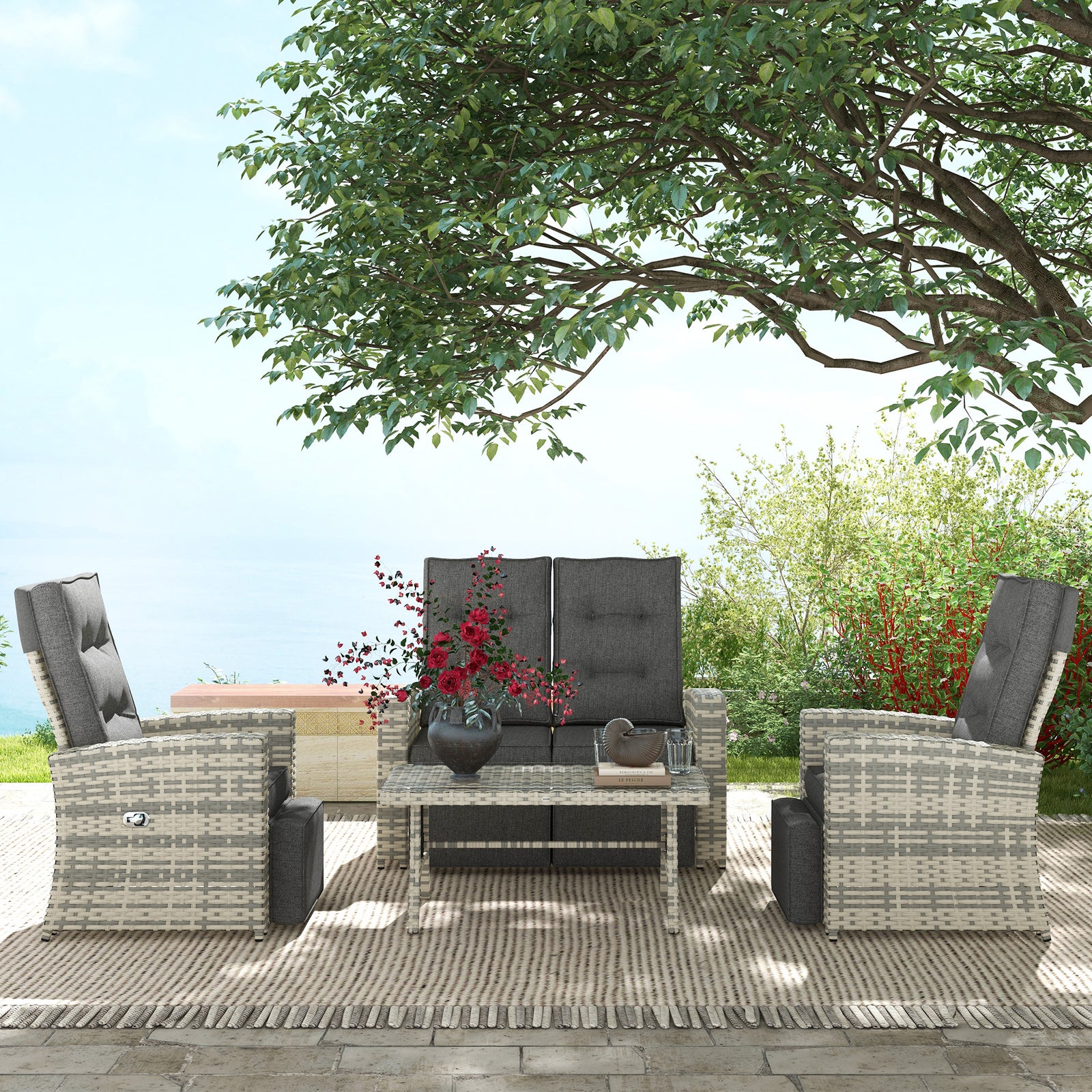 4 Piece Rattan Garden Furniture Set Outdoor Sofa Sectional Set with Glass Top Table for Poolside, Light Grey